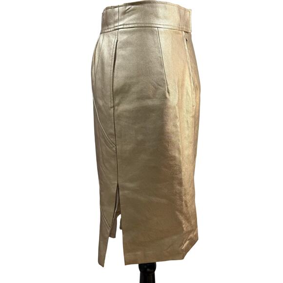 FRNCH Paris Gold Vegan Leather Pencil Skirt Women’s Small Metallic Chic - Picture 2 of 11